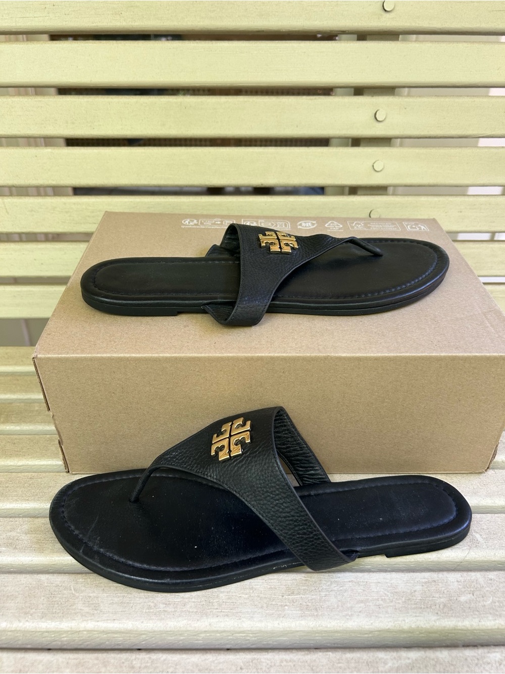 Tory Burch Black Leather Thong Sandals with Gold Logo